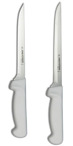 Dexter-Russell 7- and 8-inch fillet knife bundle with white handles for precise meat and fish prep.