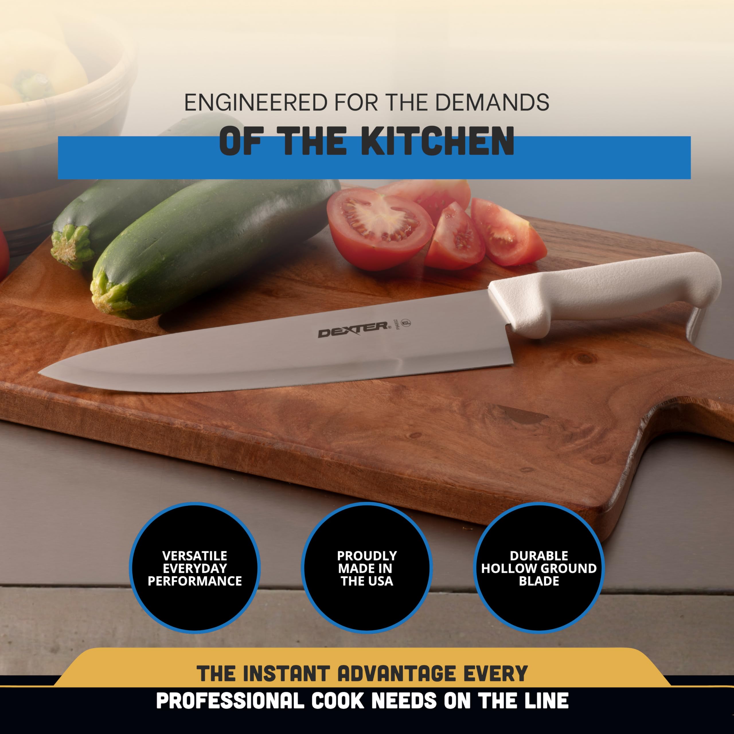 Dexter-Russell 10-inch blade with curved profile enabling easy rocking motion