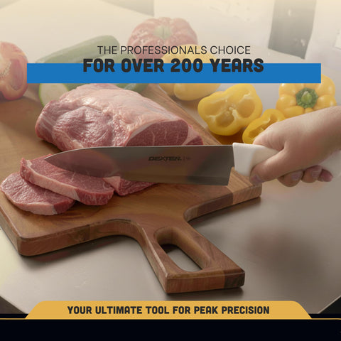 Dexter-Russell knife shown on cutting board with steady grip