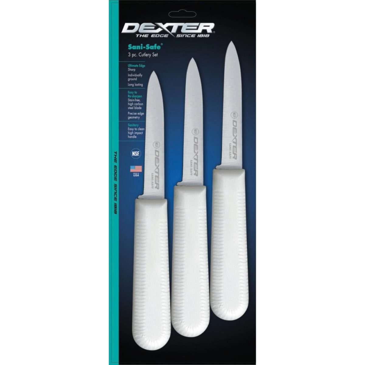 Dexter-Russell Sani-Safe 3¼ paring knives, three-pack, for precise fruit and vegetable prep.