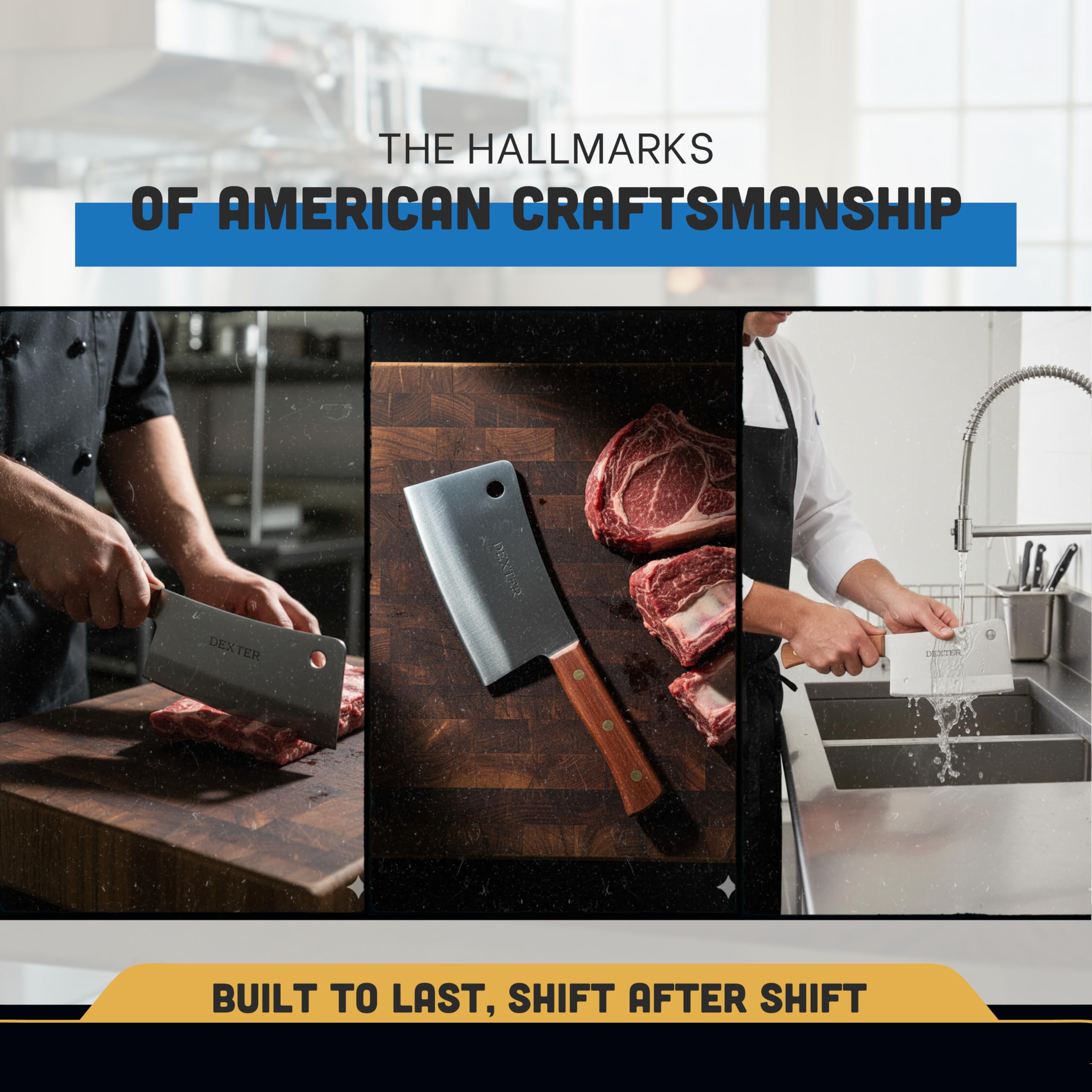 Dexter-Russell USA-made kitchen cleaver in busy professional workspace
