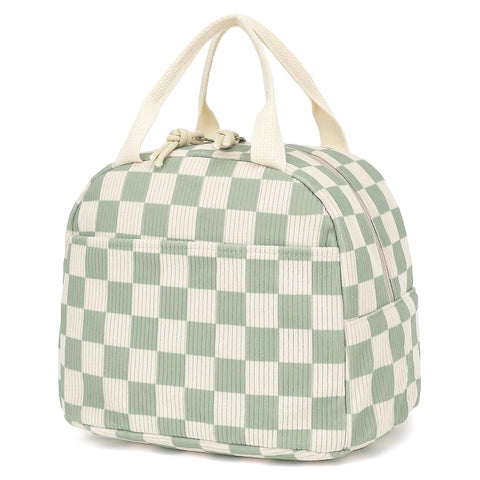 Dezcrab corduroy lunch bag in green checkered front view for stylish school lunches
