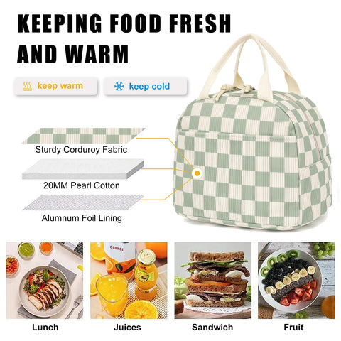 Dezcrab corduroy lunch bag green checkered pocket detail for organization