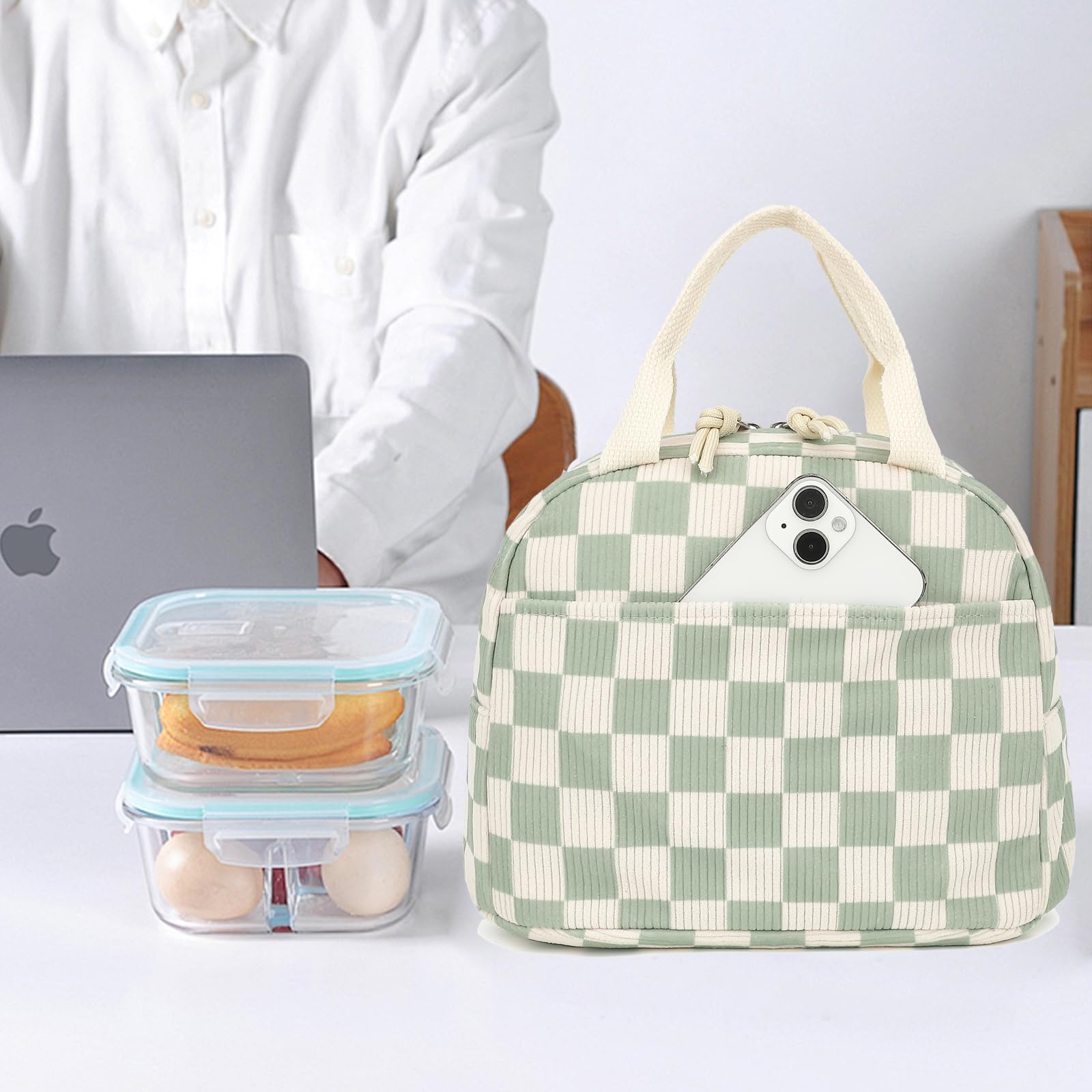Dezcrab corduroy lunch bag green checkered side view with roomy interior