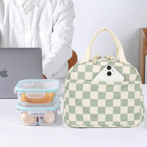 Dezcrab corduroy lunch bag green checkered side view with roomy interior