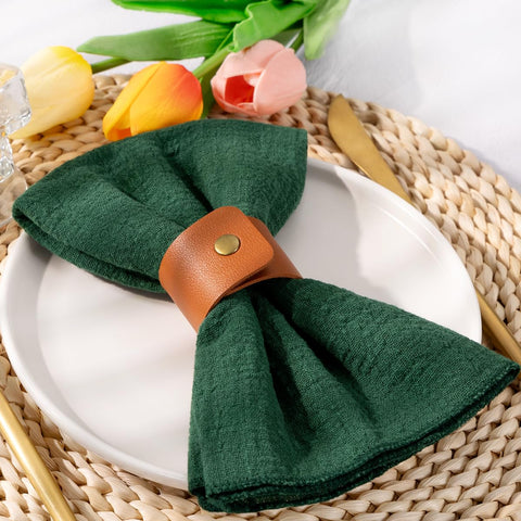 DeZerlor cloth napkins arranged with rings for quick table setup.