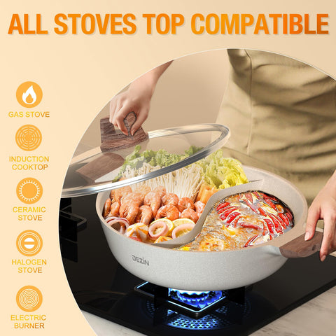 DEZIN shabu shabu pot interior with nonstick coating for easy release.
