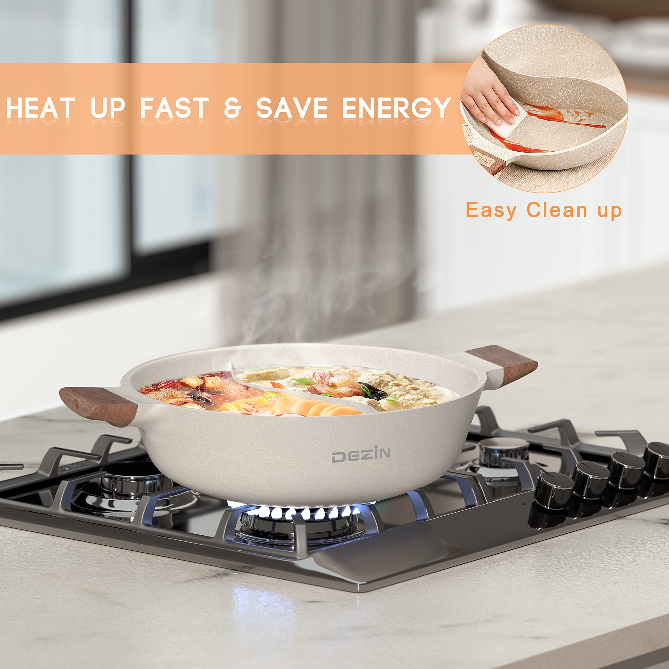 DEZIN tempered glass lid with steam vent for safe monitoring.