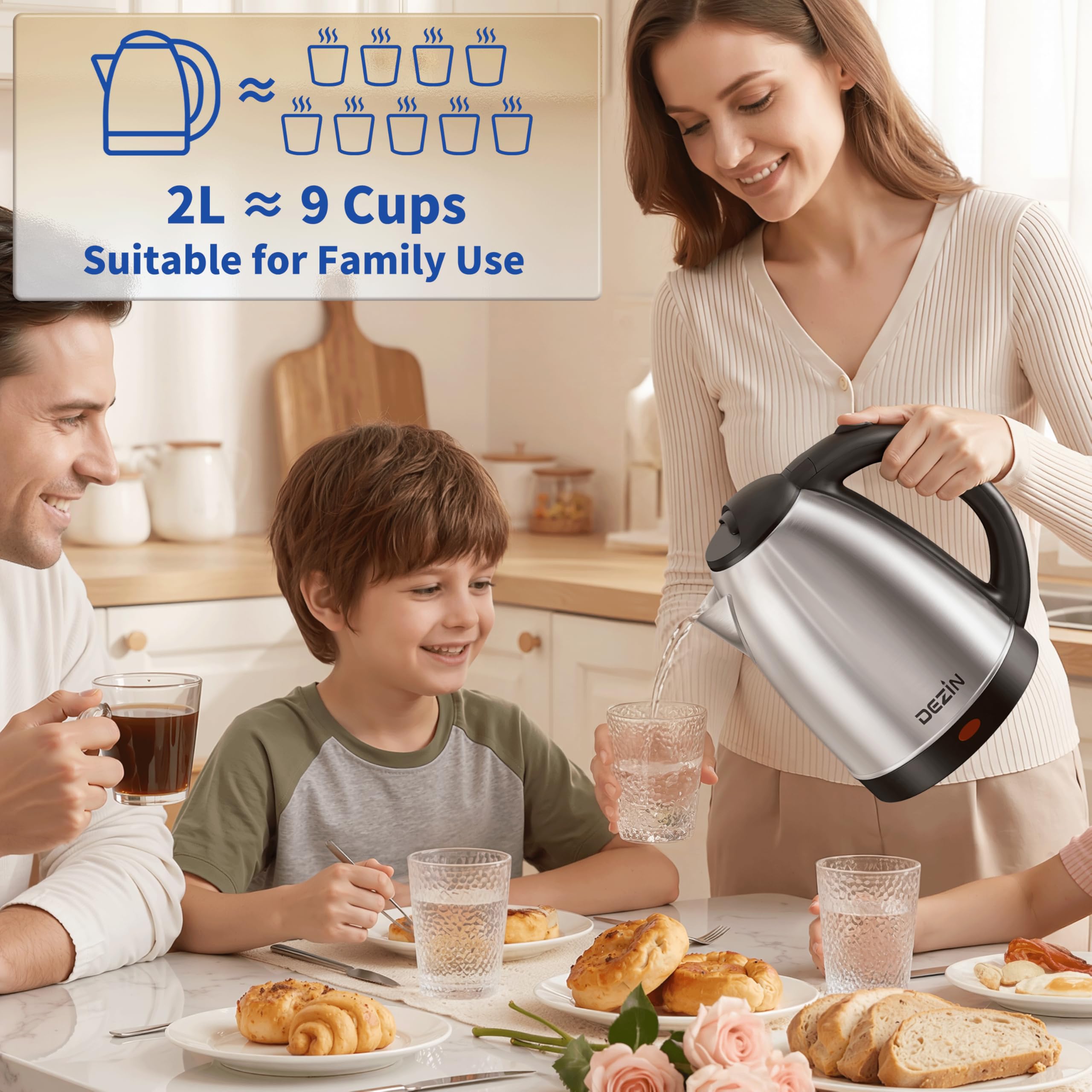 DEZIN electric kettle stainless steel body for durable, clean-tasting water.