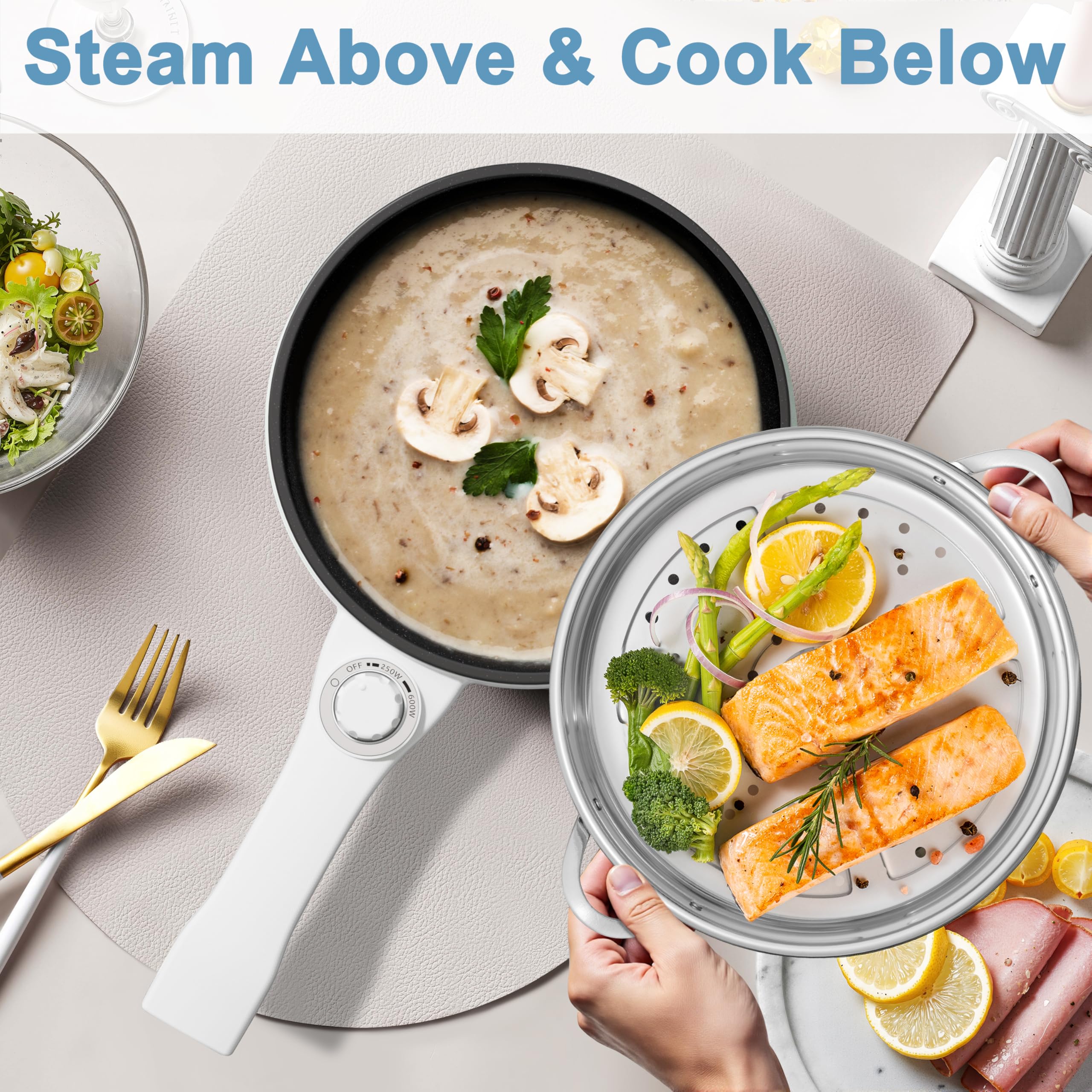 DEZIN silicone spatula included, a handy accessory for sautéing and serving.