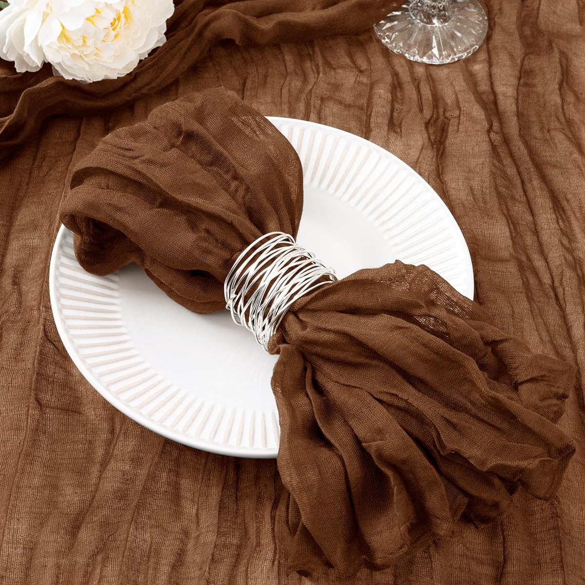 DeZerlor brown cheesecloth napkins, 21x21, rustic wedding table setting.