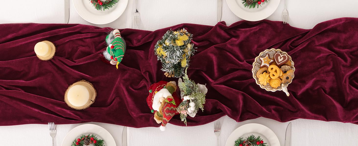 DeZerlor velvet table runner set for Christmas dining ambiance.