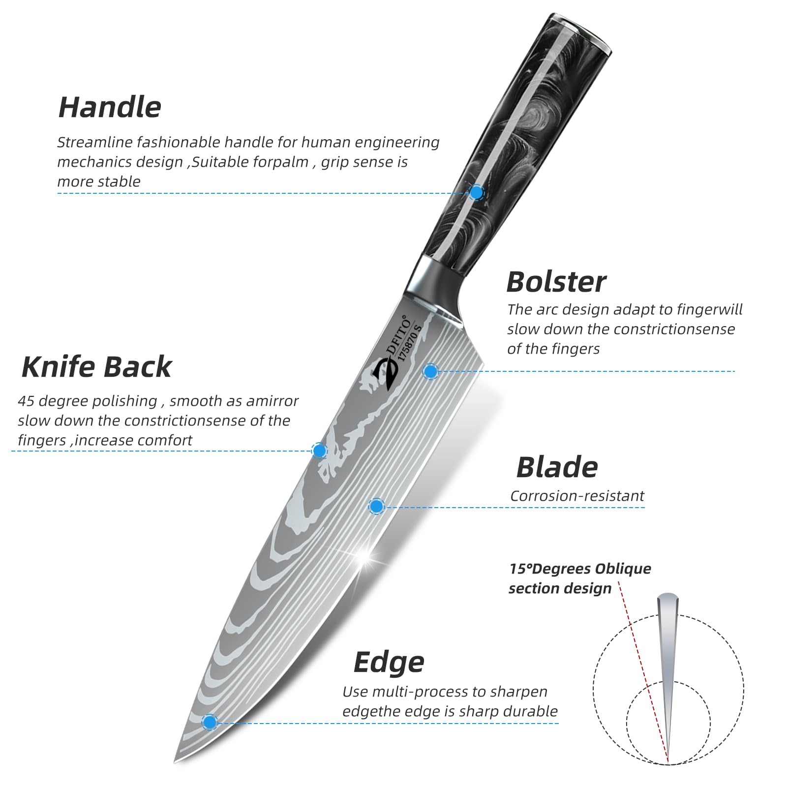 Dfito 8 inch bread knife highlighting serrated edge for crusty loaves.