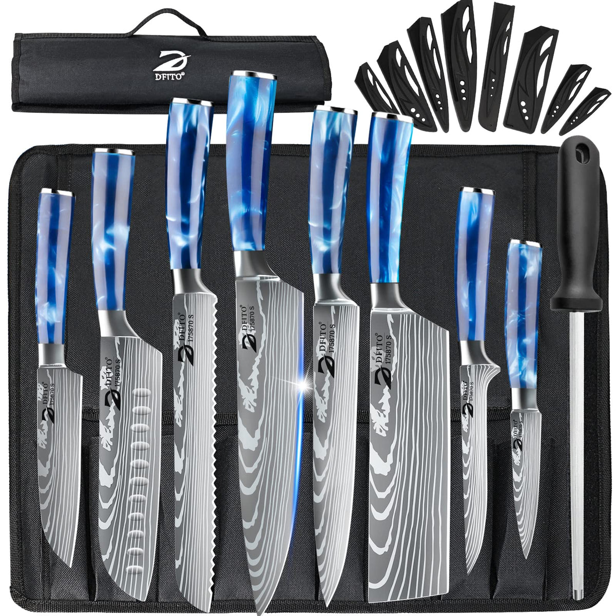 Dfito chef knife set with roll bag front view for on-the-go kitchen prep
