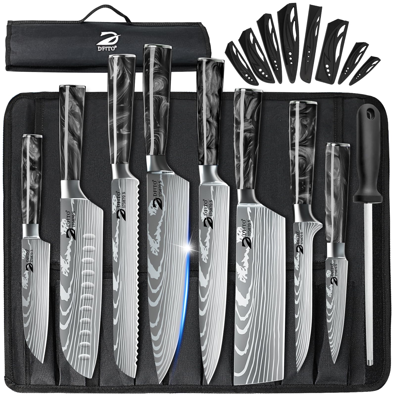 Dfito chef knife set with roll bag, knives neatly arranged for transport and safety.