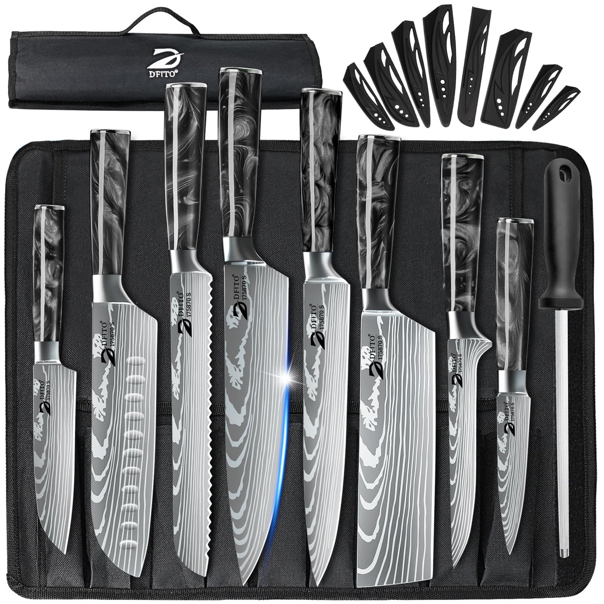 Dfito chef knife set with roll bag, knives neatly arranged for transport and safety.