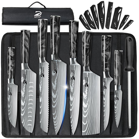 Dfito chef knife set with roll bag, knives neatly arranged for transport and safety.