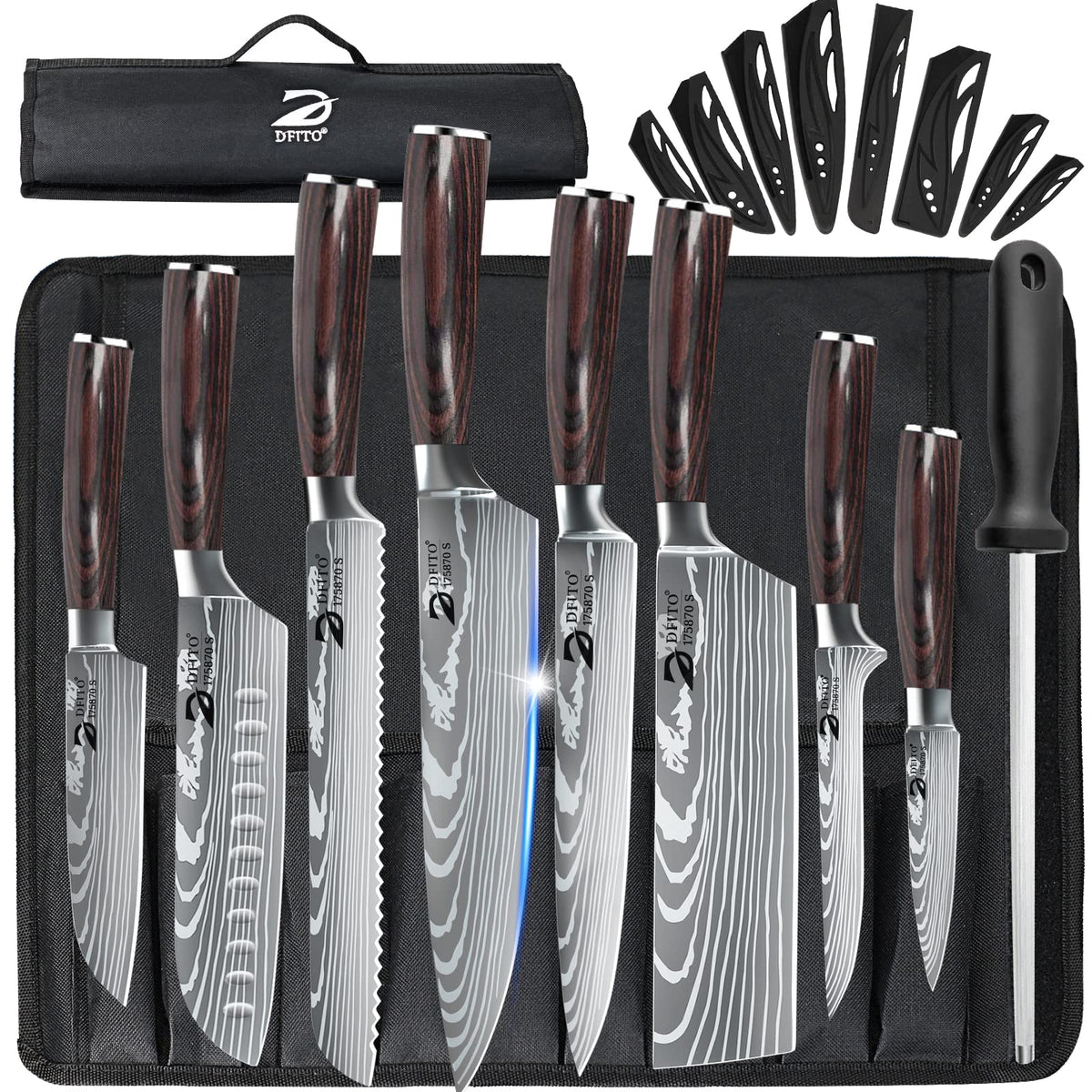 Dfito chef knife set with roll bag, ideal for easy transport and organized storage.