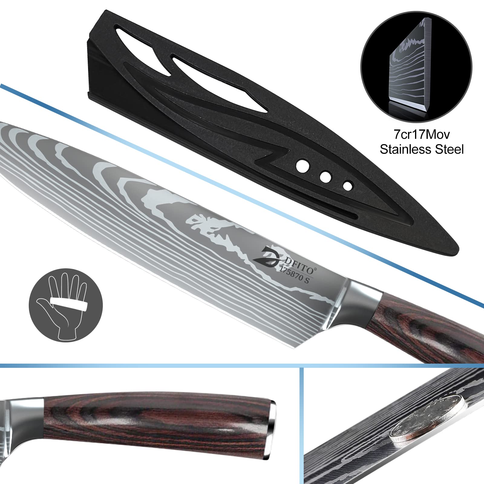 Dfito red pakkawood handle provides comfortable grip and stylish, secure control.