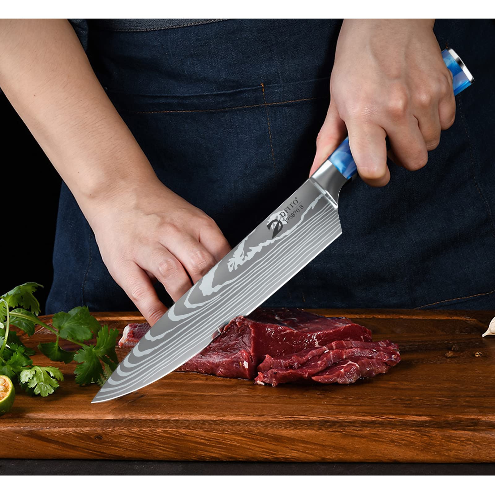 Dfito red pakkawood handle close-up showing premium grip and style