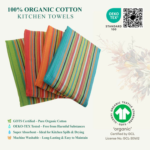 DG Collections Salsa Stripe Kitchen Towel shown in large 16x28 inches for drying tasks.