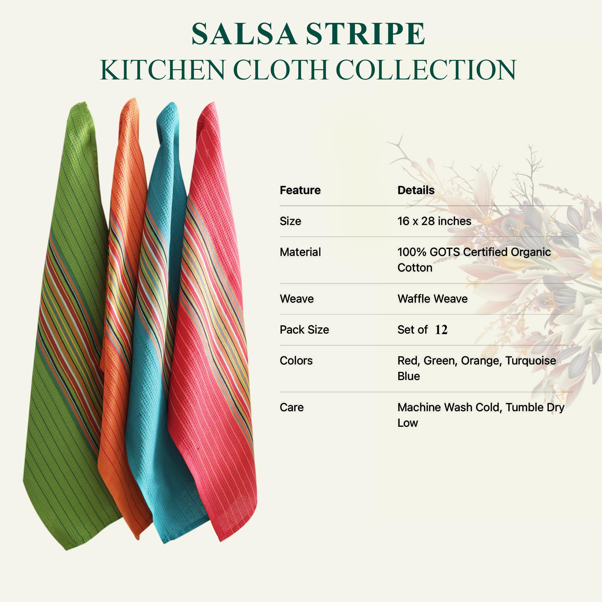 DG Collections Salsa Stripe Kitchen Towel highlights eco-friendly, reusable design for daily use.