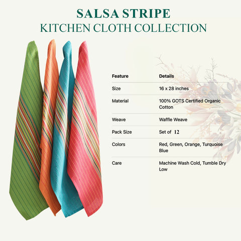 DG Collections Salsa Stripe Kitchen Towel highlights eco-friendly, reusable design for daily use.