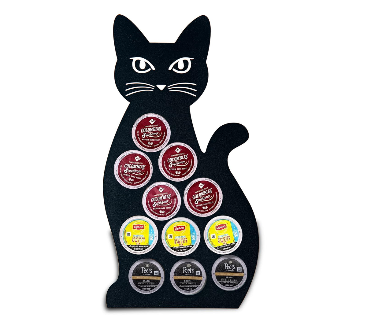 dgudgu cat coffee pod holder in black adds playful counter decor and organized pods.