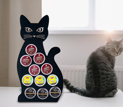 Cat-shaped decor enhances a stylish coffee station at home or office.