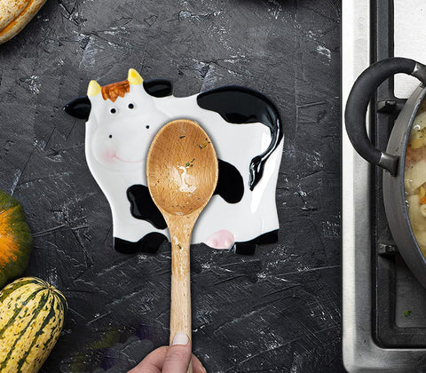 dgudgu Cow Shaped Spoon Rest on counter prevent spills during prep.