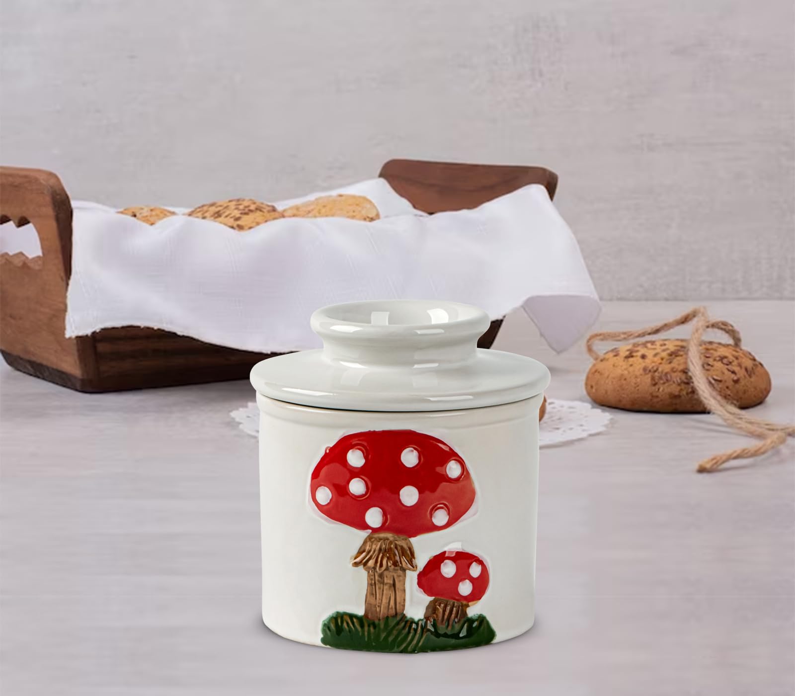 dgudgu mushroom butter crock on kitchen counter doubles as decor.