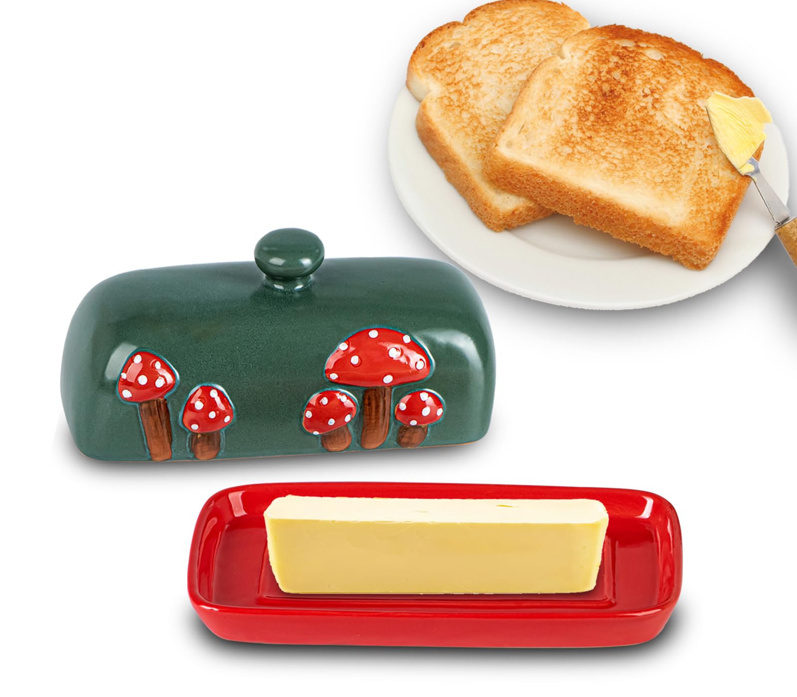 DGUDGU mushroom butter dish close-up with lid, handcrafted glaze adds color.