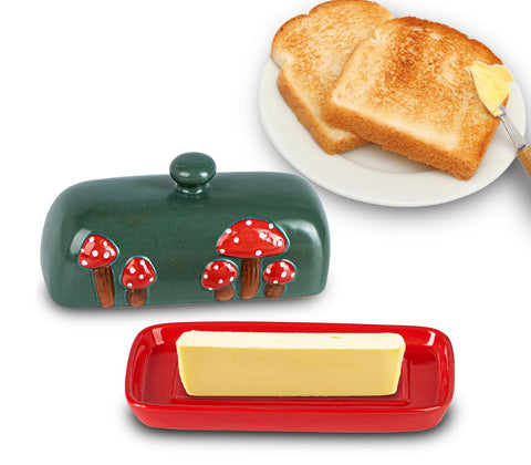DGUDGU mushroom butter dish close-up with lid, handcrafted glaze adds color.