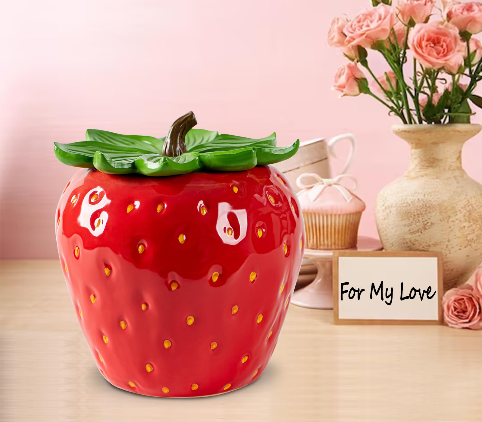 dgudgu Strawberry Candy Jar close-up reveals glossy ceramic and durable finish