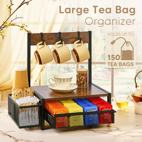 Open drawer shows three adjustable compartments for different tea bag sizes