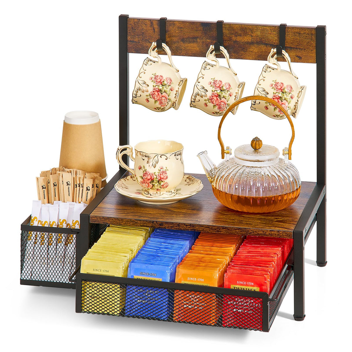 DGWJSU tea bag organizer with wood chest and metal frame on a kitchen counter