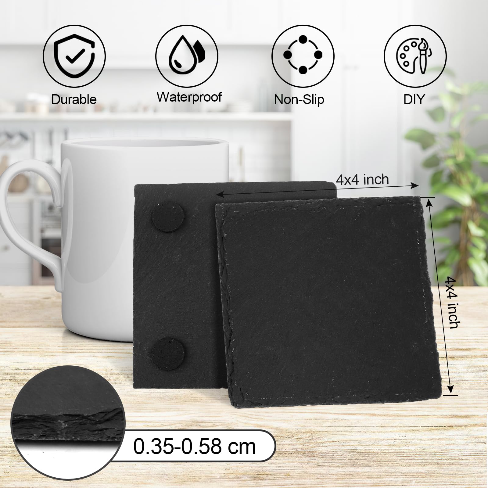 dhfsleo slate coaster in use on a table protects surfaces with a sleek black finish