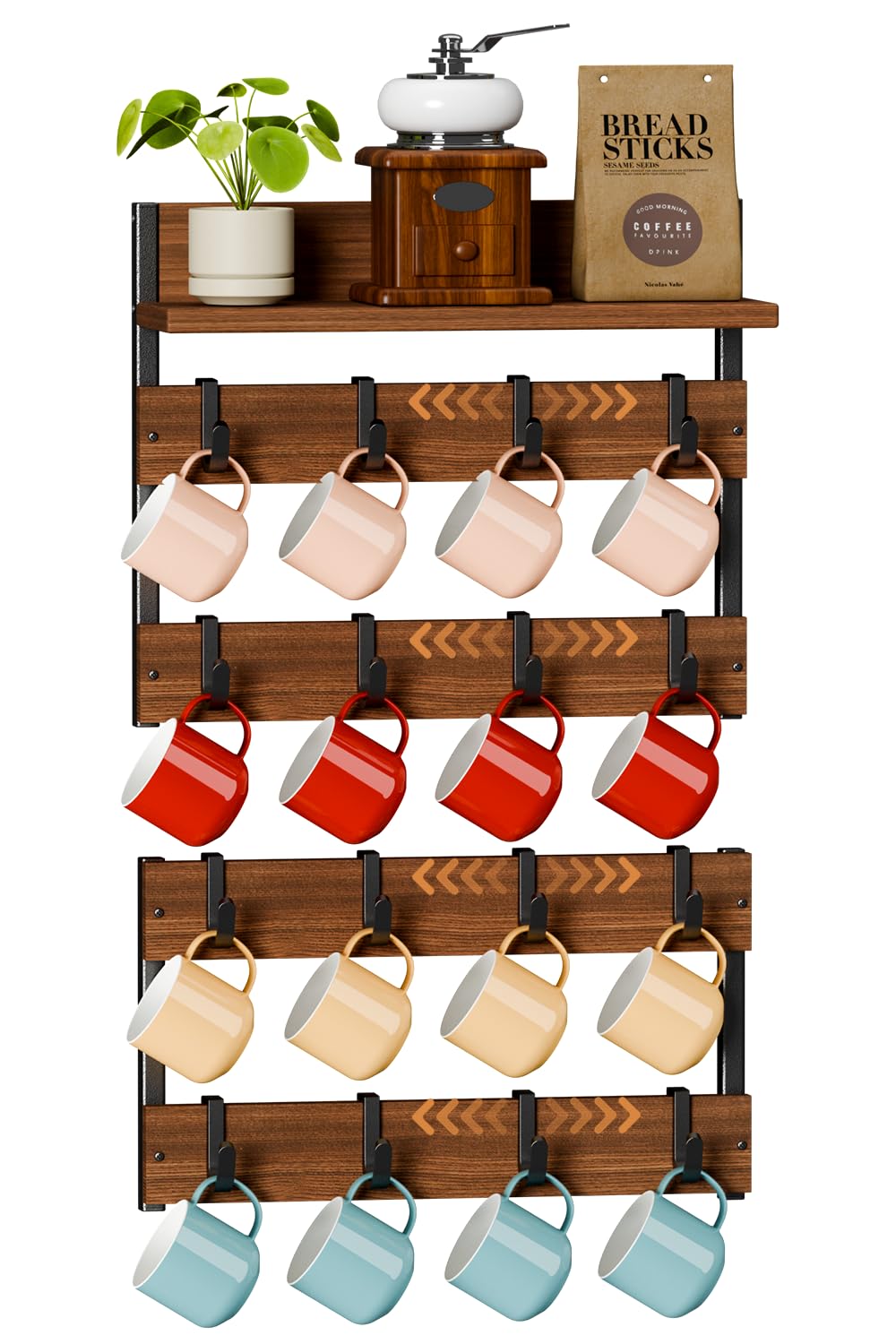 Dhmkfly mug rack wall 4-tier top shelf keeps mugs organized and frees counter space