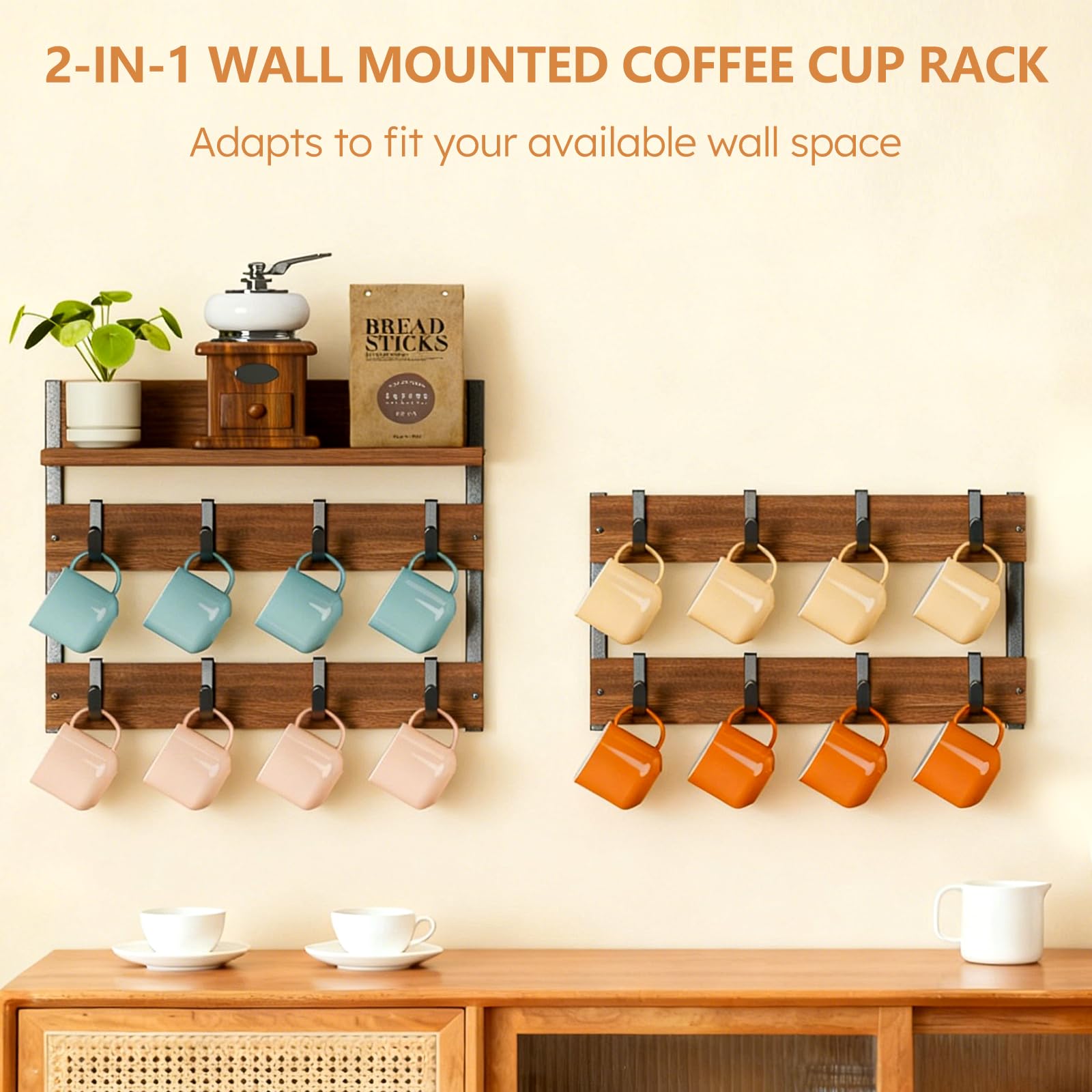 Dhmkfly mug rack wall-mounted 2-piece design for flexible installation and styling
