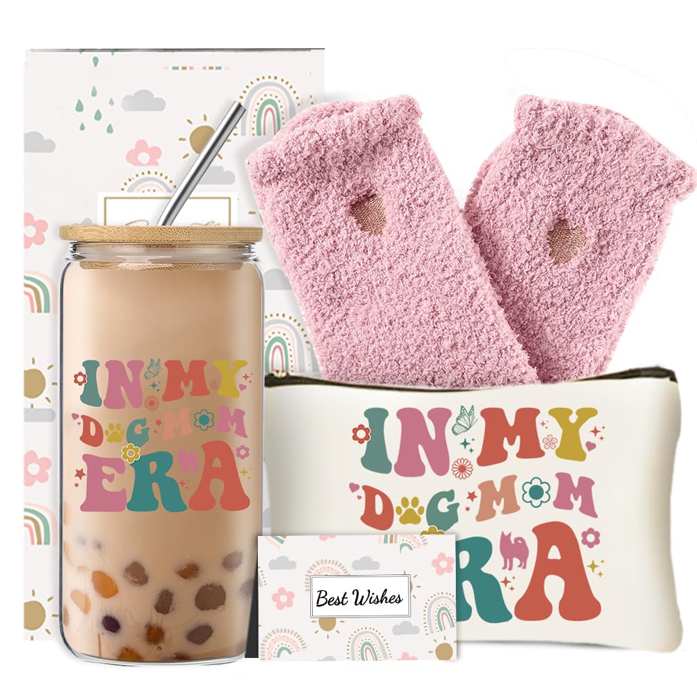 DHQH cozy dog mom era glass cup with leak-proof lid for daily coffee on the go