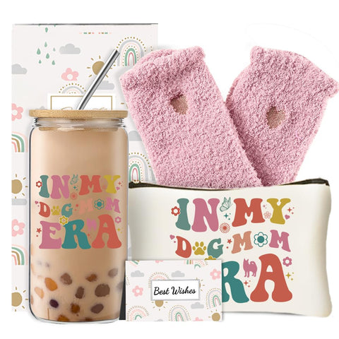DHQH cozy dog mom era glass cup with leak-proof lid for daily coffee on the go