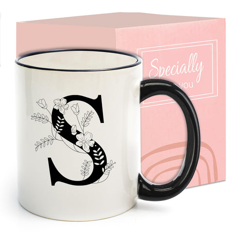 DHQH monogram coffee mug 11oz with initial S, ideal for daily coffee moments.
