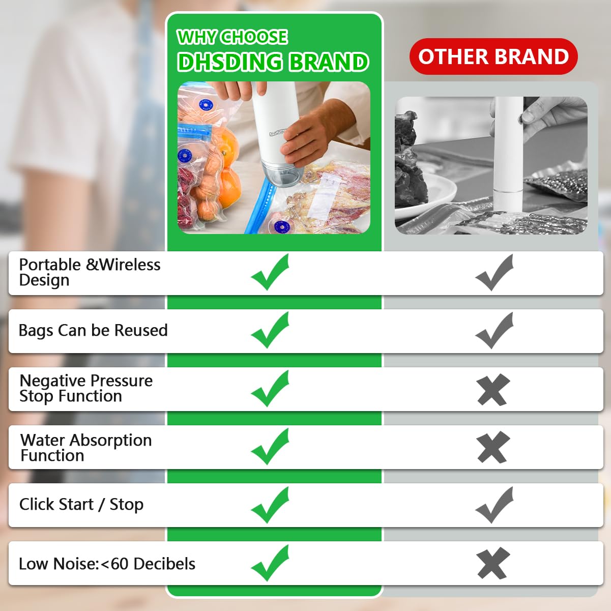DHSDING 2-in-1 sealing seals dry and moist foods efficiently.