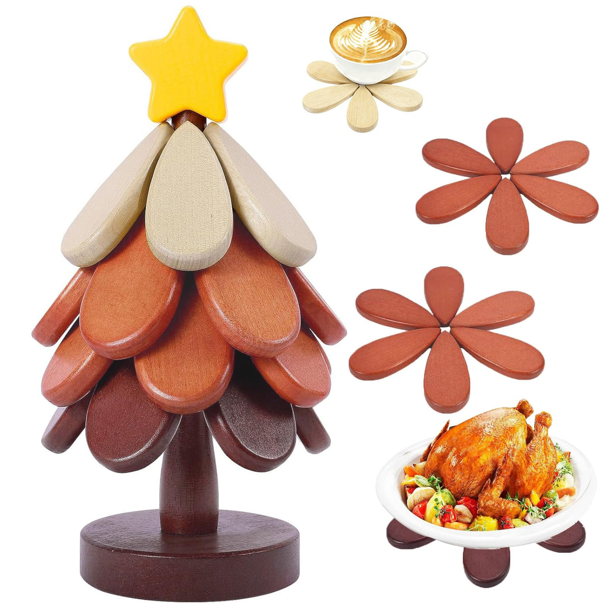 DHXGON walnut Christmas-tree trivets set of four protecting tabletops from heat while adding festive decor.