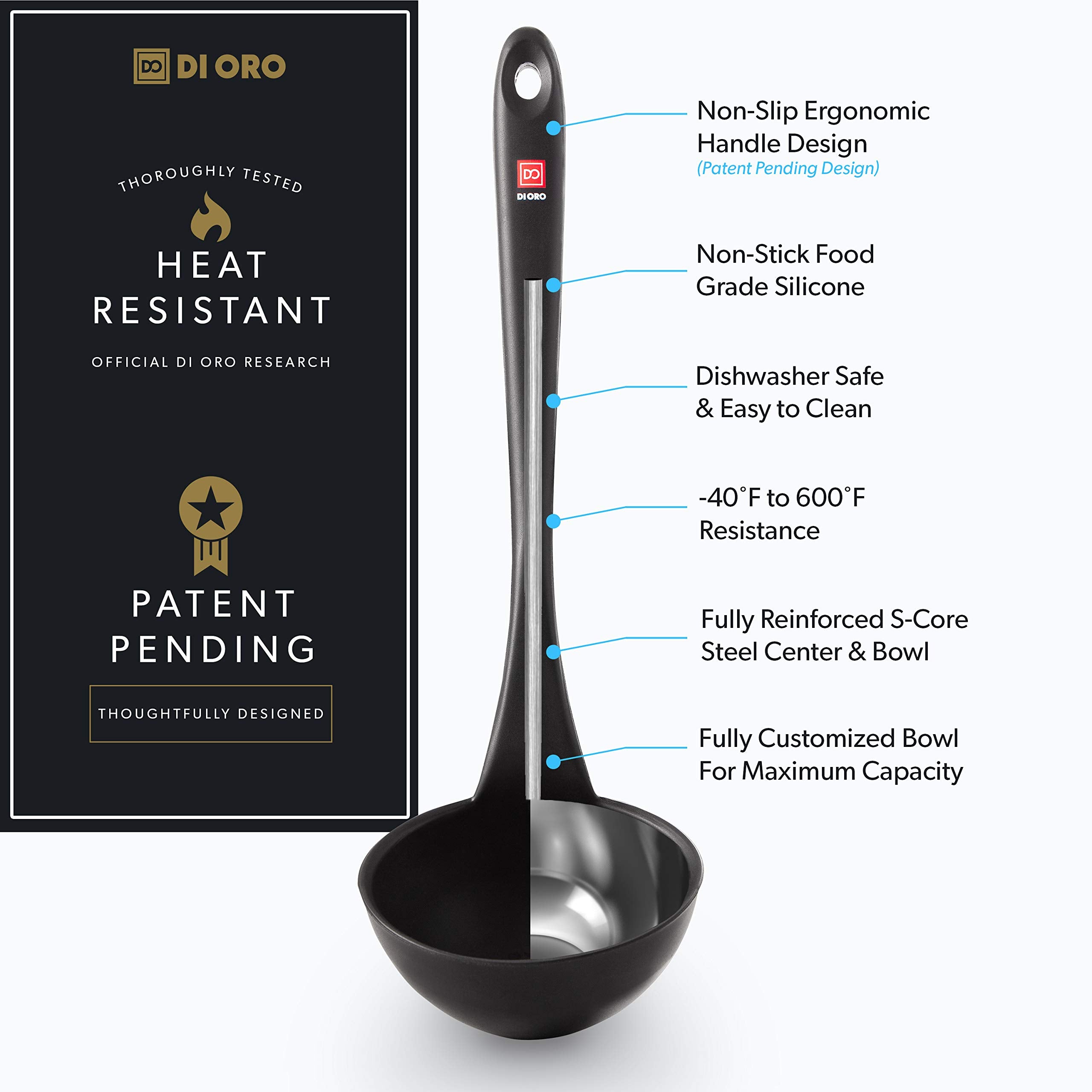 DI ORO Silicone Ladle showcasing stainless-core design for sturdy stirring
