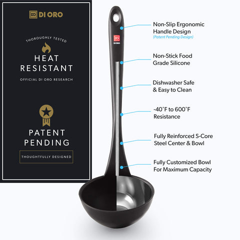 DI ORO Silicone Ladle showcasing stainless-core design for sturdy stirring