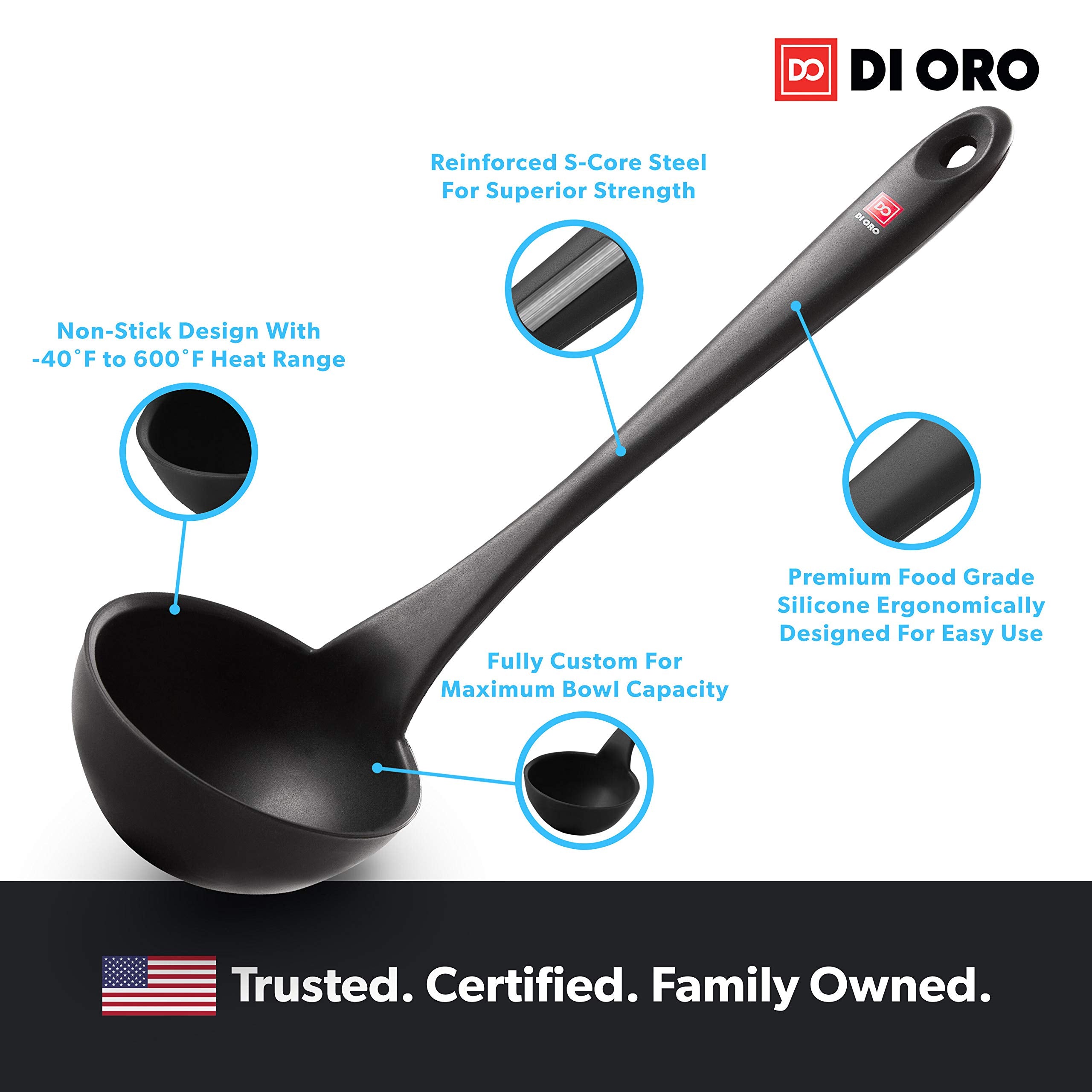 DI ORO Ladle features a wide bowl for generous servings