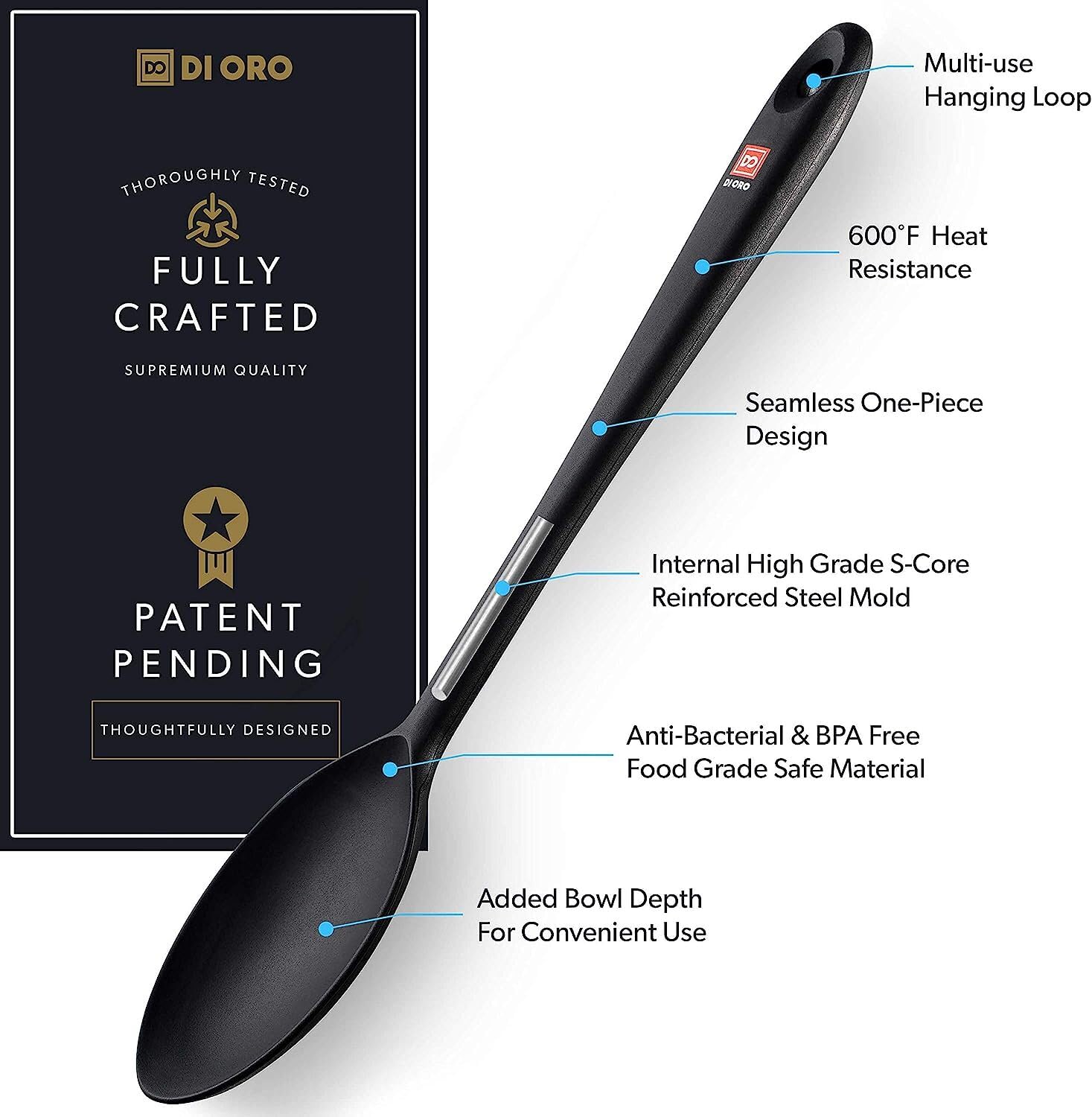 DI ORO Living 13-inch spoon with stainless-steel core for sturdy stirring.