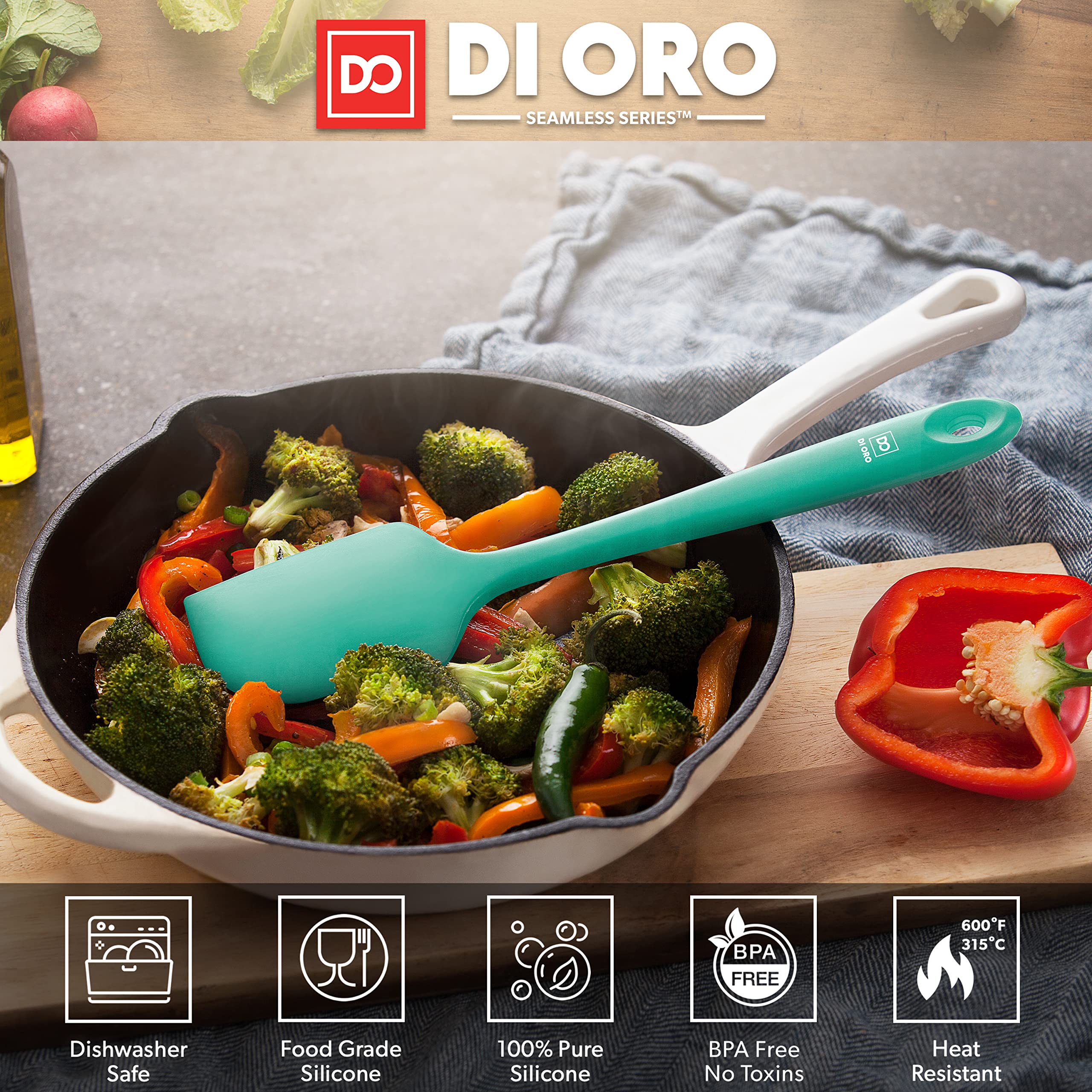 DI ORO Living 600°F heat-resistant spatula for hot ingredients.