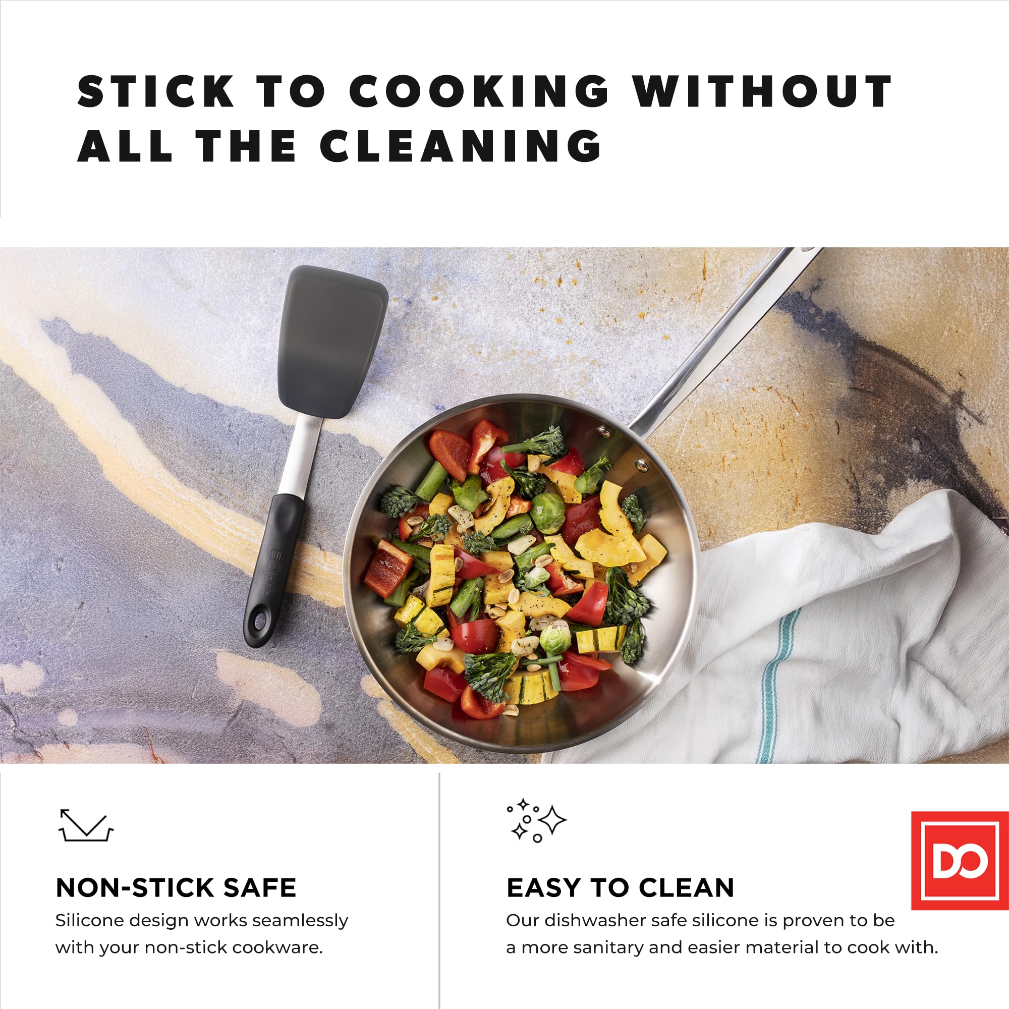 Di Oro Living spatula angled underside highlights slim profile for easy flipping.